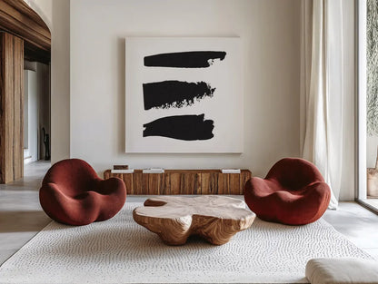 Threes Company I by Sarah Adams. Shown as extra-large giant wall art in a modern living room. Available as an archival giclee rolled canvas, fine art paper, or poster print. SKU 32240a.