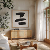 Threes Company II by Sarah Adams. Shown in a natural wood frame in a cozy modern living room. Available as an archival giclee rolled canvas, fine art paper, or poster print. SKU 32241a.
