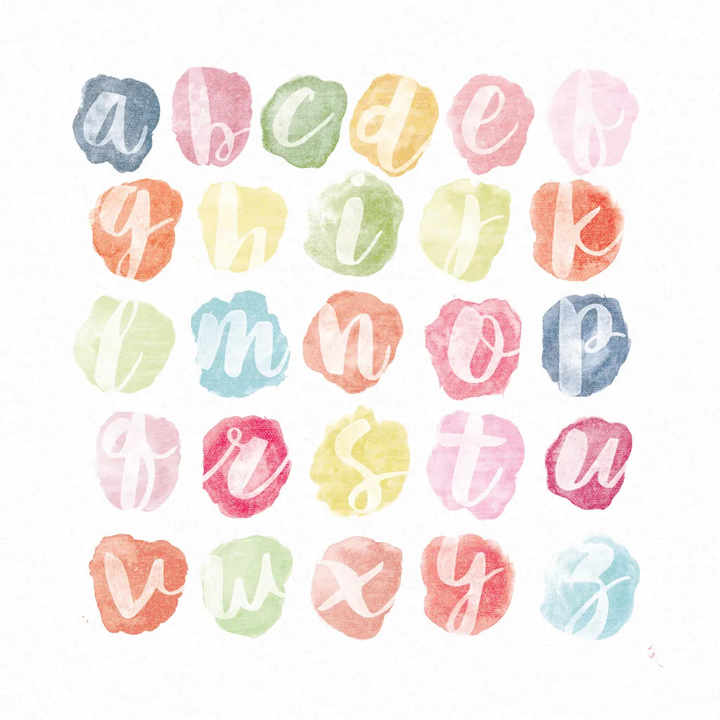 Watercolor Alphabet by Sarah Adams. SKU 33404a. Archival Giclee Fine art print for wall decor.
