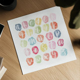 Watercolor Alphabet by Sarah Adams. Shown as a detailed flat fine art print, highlighting archival giclee quality. Available as an archival giclee rolled canvas, fine art paper, or poster print. SKU 33404a.