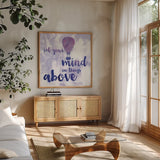 Words of Faith I by Sarah Adams. Shown in a natural wood frame in a cozy modern living room. Available as an archival giclee rolled canvas, fine art paper, or poster print. SKU 32641a.