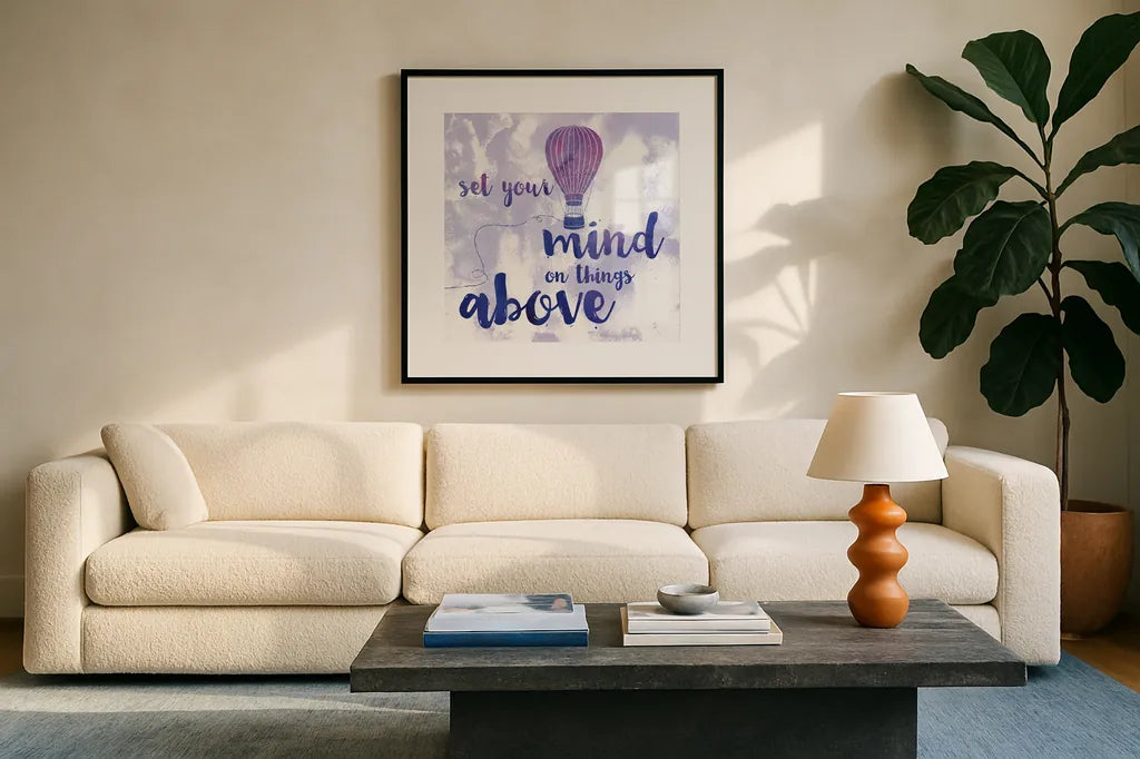 Words of Faith I by Sarah Adams. Displayed in a glass frame with matte in a clean modern living room. Available as an archival giclee rolled canvas, fine art paper, or poster print. SKU 32641a.