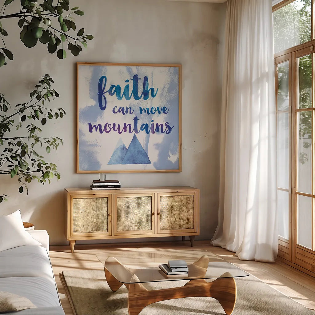 Words of Faith II by Sarah Adams. Shown in a natural wood frame in a cozy modern living room. Available as an archival giclee rolled canvas, fine art paper, or poster print. SKU 32642a.