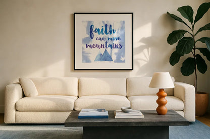 Words of Faith II by Sarah Adams. Displayed in a glass frame with matte in a clean modern living room. Available as an archival giclee rolled canvas, fine art paper, or poster print. SKU 32642a.