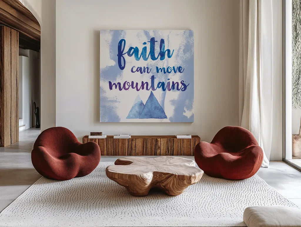 Words of Faith II by Sarah Adams. Shown as extra-large giant wall art in a modern living room. Available as an archival giclee rolled canvas, fine art paper, or poster print. SKU 32642a.