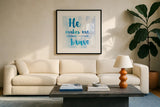 Words of Faith III by Sarah Adams. Displayed in a glass frame with matte in a clean modern living room. Available as an archival giclee rolled canvas, fine art paper, or poster print. SKU 32643a.