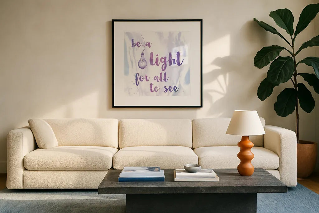 Words of Faith IV by Sarah Adams. Displayed in a glass frame with matte in a clean modern living room. Available as an archival giclee rolled canvas, fine art paper, or poster print. SKU 32644a.