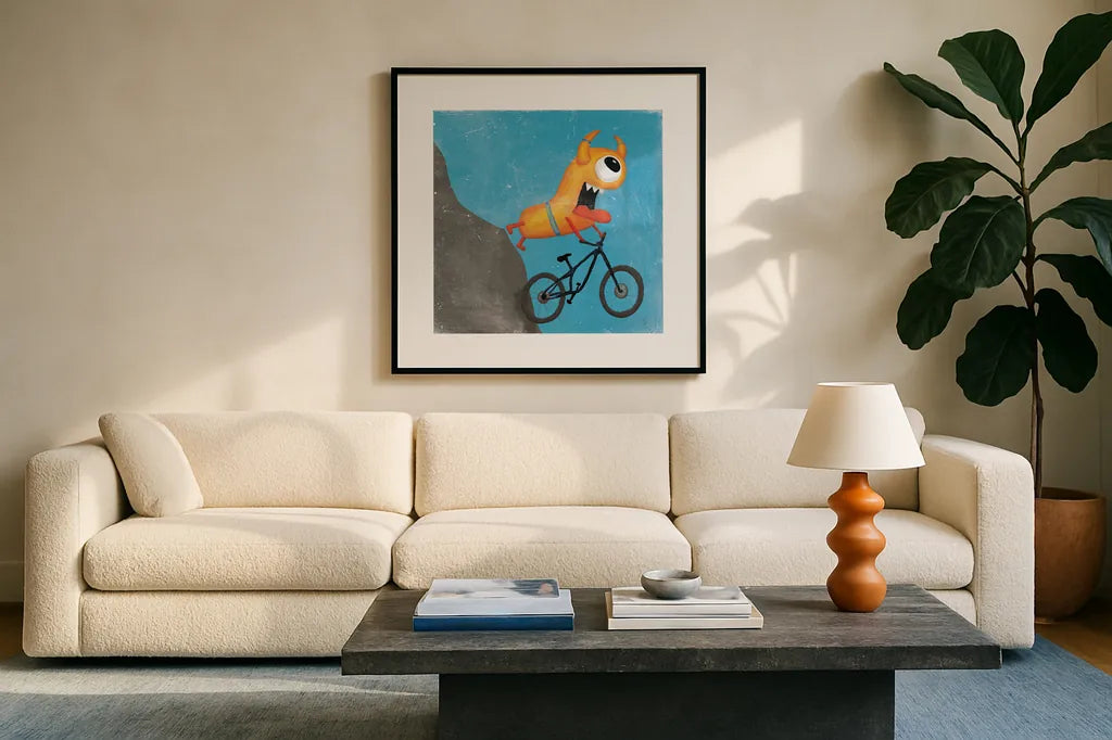 Xtreme Monsters I by Sarah Adams. Displayed in a glass frame with matte in a clean modern living room. Available as an archival giclee rolled canvas, fine art paper, or poster print. SKU 31227a.