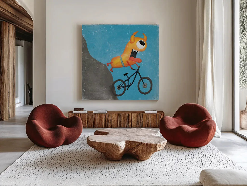 Xtreme Monsters I by Sarah Adams. Shown as extra-large giant wall art in a modern living room. Available as an archival giclee rolled canvas, fine art paper, or poster print. SKU 31227a.