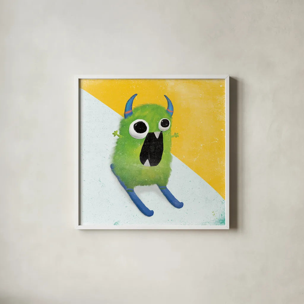 Xtreme Monsters II by Sarah Adams. Shown in a crisp white glass frame for a clean and minimalist style. Available as an archival giclee rolled canvas, fine art paper, or poster print. SKU 31228a.