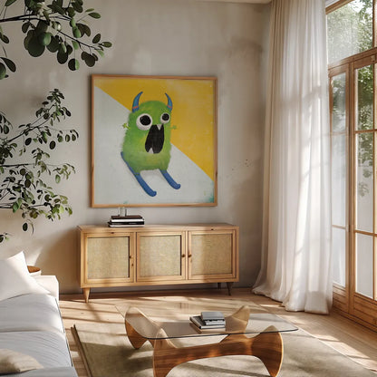 Xtreme Monsters II by Sarah Adams. Shown in a natural wood frame in a cozy modern living room. Available as an archival giclee rolled canvas, fine art paper, or poster print. SKU 31228a.