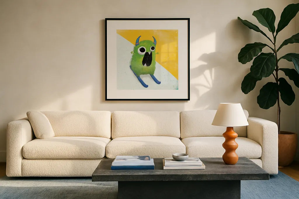 Xtreme Monsters II by Sarah Adams. Displayed in a glass frame with matte in a clean modern living room. Available as an archival giclee rolled canvas, fine art paper, or poster print. SKU 31228a.