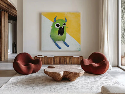 Xtreme Monsters II by Sarah Adams. Shown as extra-large giant wall art in a modern living room. Available as an archival giclee rolled canvas, fine art paper, or poster print. SKU 31228a.