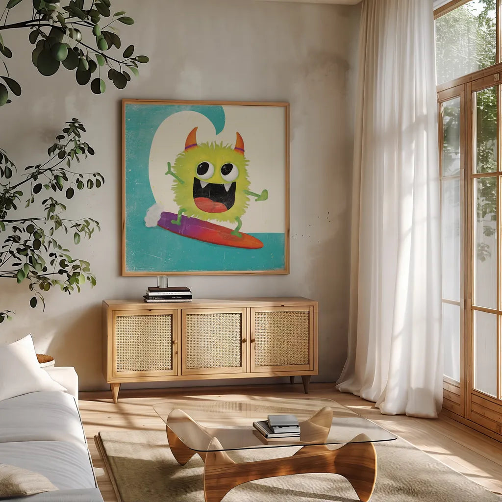 Xtreme Monsters III by Sarah Adams. Shown in a natural wood frame in a cozy modern living room. Available as an archival giclee rolled canvas, fine art paper, or poster print. SKU 31229a.