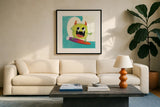 Xtreme Monsters III by Sarah Adams. Displayed in a glass frame with matte in a clean modern living room. Available as an archival giclee rolled canvas, fine art paper, or poster print. SKU 31229a.