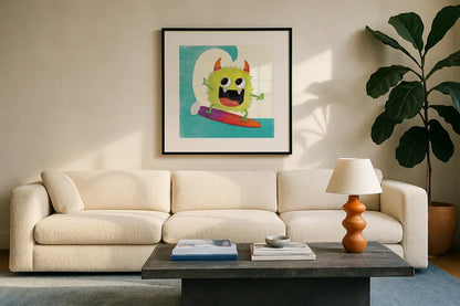 Xtreme Monsters III by Sarah Adams. Displayed in a glass frame with matte in a clean modern living room. Available as an archival giclee rolled canvas, fine art paper, or poster print. SKU 31229a.