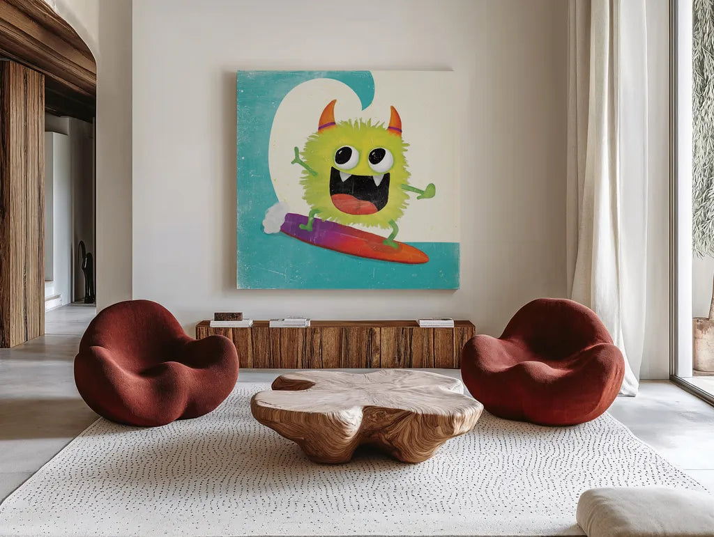 Xtreme Monsters III by Sarah Adams. Shown as extra-large giant wall art in a modern living room. Available as an archival giclee rolled canvas, fine art paper, or poster print. SKU 31229a.