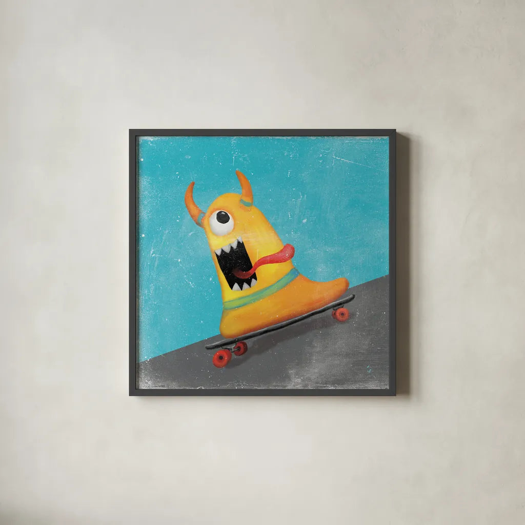 Xtreme Monsters IV by Sarah Adams. Shown in a sleek black glass frame for a contemporary gallery look. Available as an archival giclee rolled canvas, fine art paper, or poster print. SKU 31230a.