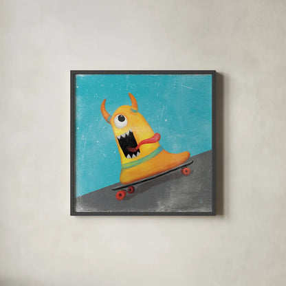 Xtreme Monsters IV by Sarah Adams. Shown in a sleek black glass frame for a contemporary gallery look. Available as an archival giclee rolled canvas, fine art paper, or poster print. SKU 31230a.