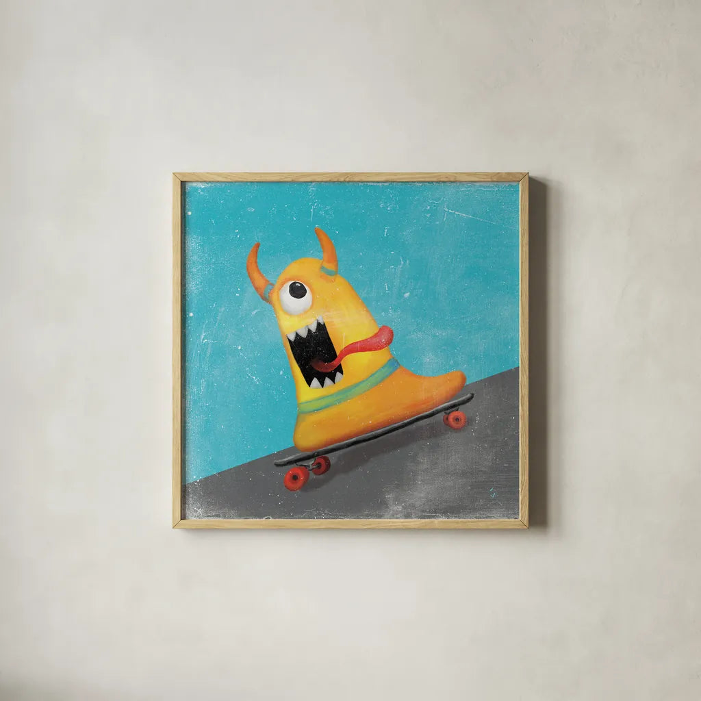 Xtreme Monsters IV by Sarah Adams. Shown in a natural wood glass frame for a timeless modern aesthetic. Available as an archival giclee rolled canvas, fine art paper, or poster print. SKU 31230a.