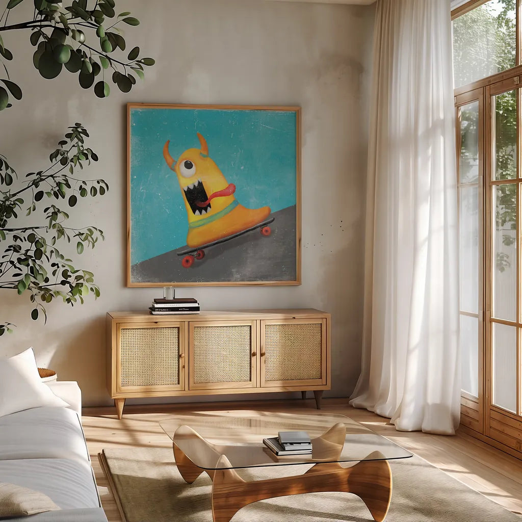 Xtreme Monsters IV by Sarah Adams. Shown in a natural wood frame in a cozy modern living room. Available as an archival giclee rolled canvas, fine art paper, or poster print. SKU 31230a.