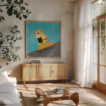 Xtreme Monsters IV by Sarah Adams. Shown in a natural wood frame in a cozy modern living room. Available as an archival giclee rolled canvas, fine art paper, or poster print. SKU 31230a.