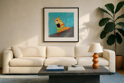 Xtreme Monsters IV by Sarah Adams. Displayed in a glass frame with matte in a clean modern living room. Available as an archival giclee rolled canvas, fine art paper, or poster print. SKU 31230a.