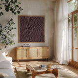 Zen Beach Dark by Sarah Adams. Shown in a natural wood frame in a cozy modern living room. Available as an archival giclee rolled canvas, fine art paper, or poster print. SKU 95020a.