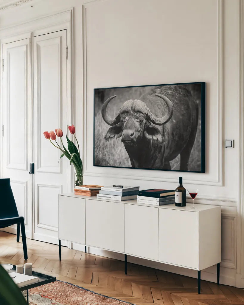 African Buffalo by Sharon Vardy. shown as a framed stretched canvas in a living room above a console. Available as a archival giclee rolled canvas, fine art paper, or poster print. SKU 91993i.