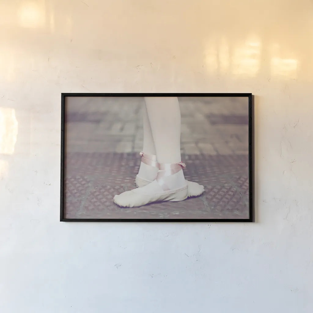 Ballet Shoes by Sharon Vardy. shown as a paper print in a black flame. Available as a archival giclee rolled canvas, fine art paper, or poster print. SKU 93117i.