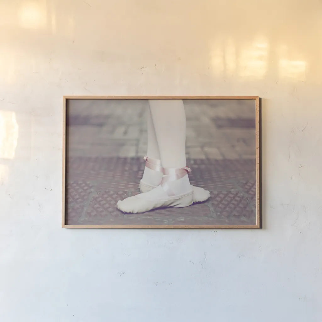 Ballet Shoes by Sharon Vardy. shown as a paper print in a natural frame. Available as a archival giclee rolled canvas, fine art paper, or poster print. SKU 93117i.