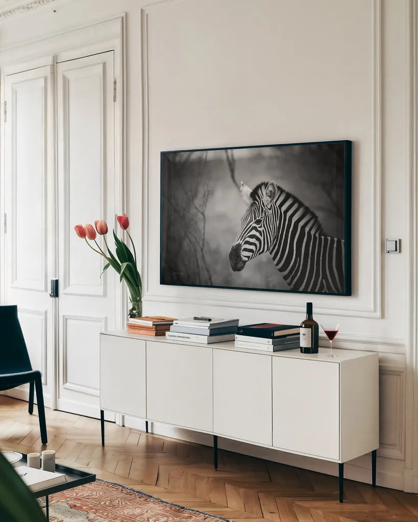 Black and White Zebra by Sharon Vardy. shown as a framed stretched canvas in a living room above a console. Available as a archival giclee rolled canvas, fine art paper, or poster print. SKU 92422i.