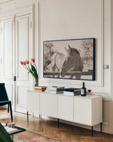 Brown Horse Sepia by Sharon Vardy. shown as a framed stretched canvas in a living room above a console. Available as a archival giclee rolled canvas, fine art paper, or poster print. SKU 92187i.