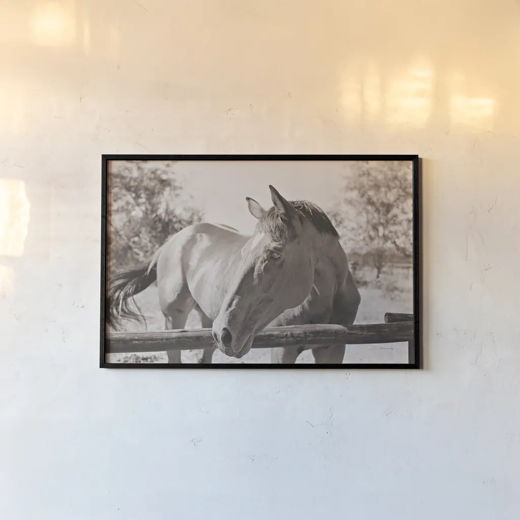 Brown Horse Sepia by Sharon Vardy. shown as a paper print in a black flame. Available as a archival giclee rolled canvas, fine art paper, or poster print. SKU 92187i.