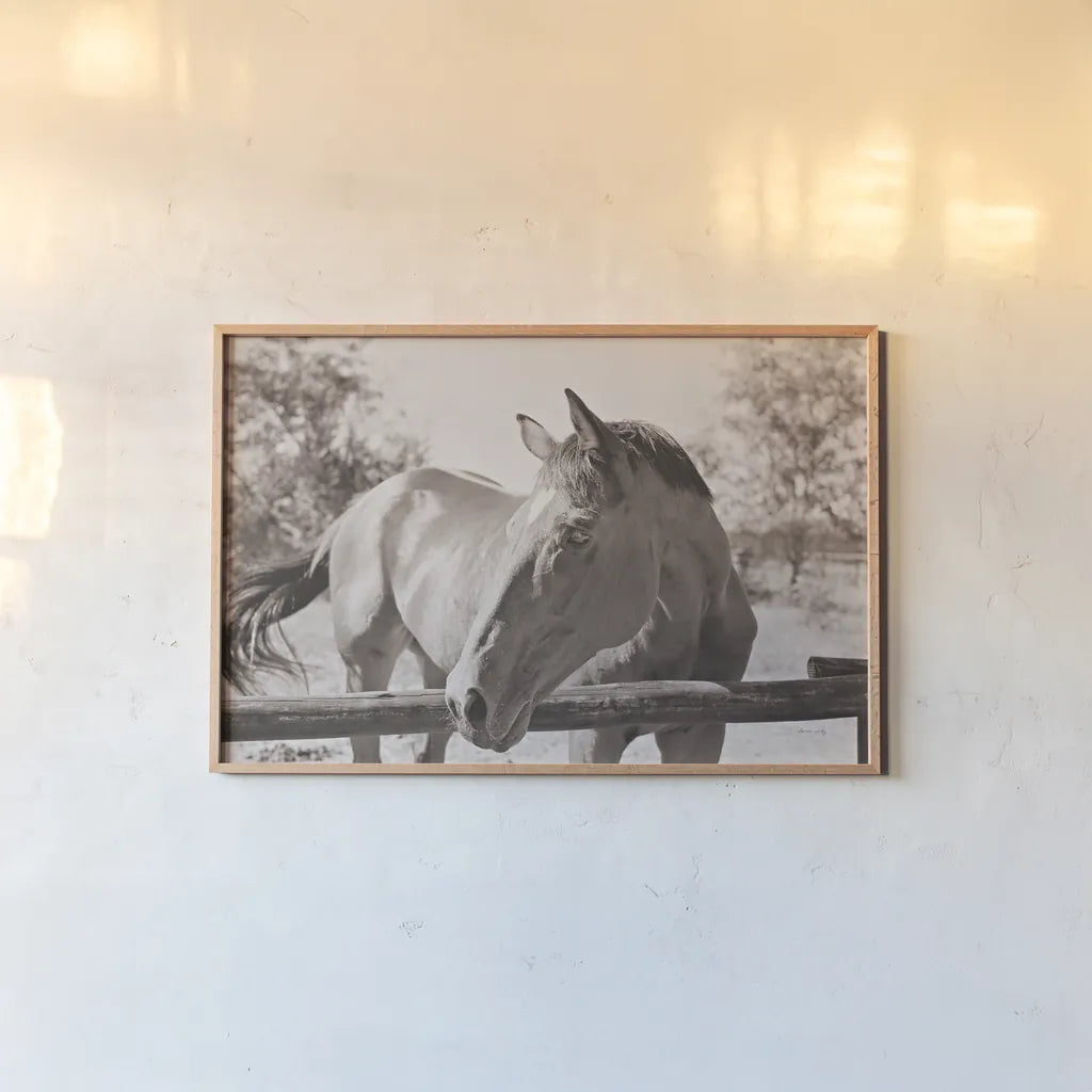 Brown Horse Sepia by Sharon Vardy. shown as a paper print in a natural frame. Available as a archival giclee rolled canvas, fine art paper, or poster print. SKU 92187i.