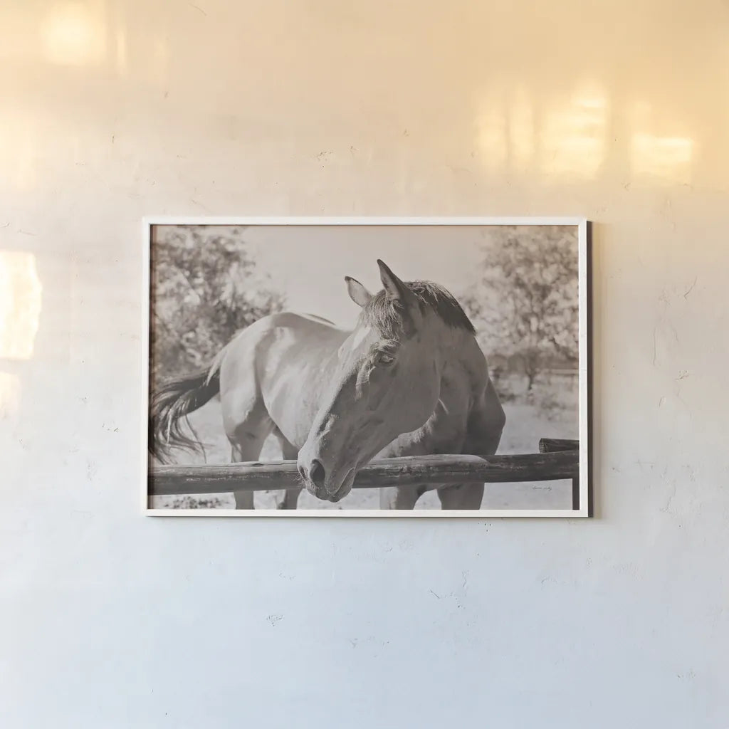 Brown Horse Sepia by Sharon Vardy. shown as a paper print in a white frame. Available as a archival giclee rolled canvas, fine art paper, or poster print. SKU 92187i.