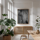 Close Up Elephant by Sharon Vardy. shown as a print in a natural wood frame in a dining room. Available as a archival giclee rolled canvas, fine art paper, or poster print. SKU 92672h.