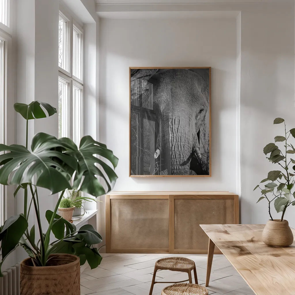 Close Up Elephant by Sharon Vardy. shown as a print in a natural wood frame in a dining room. Available as a archival giclee rolled canvas, fine art paper, or poster print. SKU 92672h.