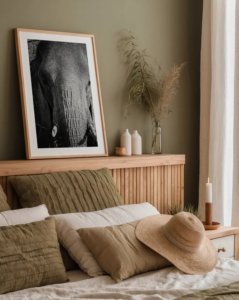 Close Up Elephant by Sharon Vardy. shown as a paper print in a natural frame. Available as a archival giclee rolled canvas, fine art paper, or poster print. SKU 92672h.