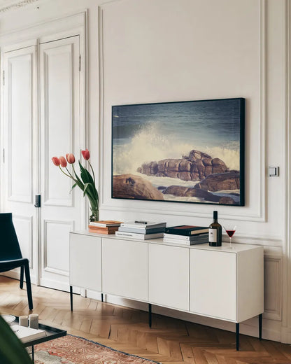 Crashing Waves by Sharon Vardy. shown as a framed stretched canvas in a living room above a console. Available as a archival giclee rolled canvas, fine art paper, or poster print. SKU 93119i.