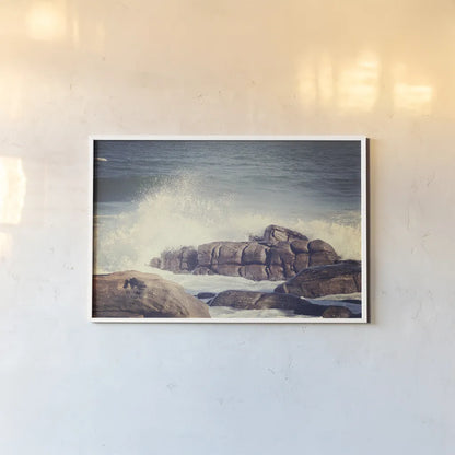 Crashing Waves by Sharon Vardy. shown as a paper print in a white frame. Available as a archival giclee rolled canvas, fine art paper, or poster print. SKU 93119i.