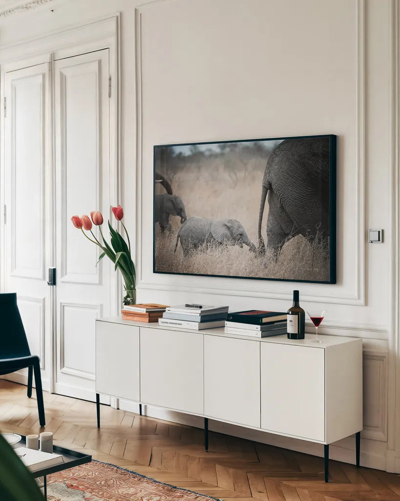 Ellie Chain by Sharon Vardy. shown as a framed stretched canvas in a living room above a console. Available as a archival giclee rolled canvas, fine art paper, or poster print. SKU 91957i.