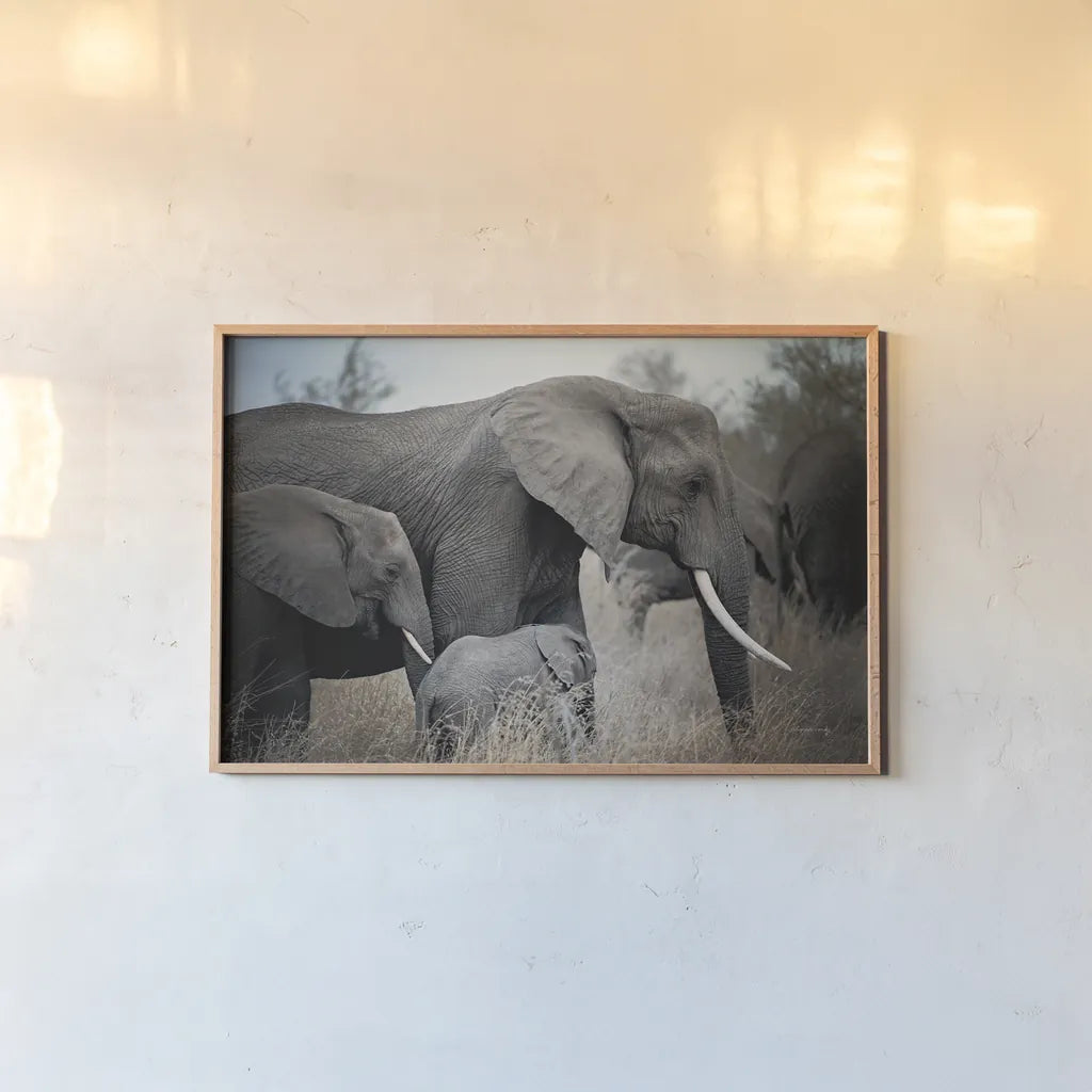 Ellie Family by Sharon Vardy. shown as a paper print in a natural frame. Available as a archival giclee rolled canvas, fine art paper, or poster print. SKU 92671i.