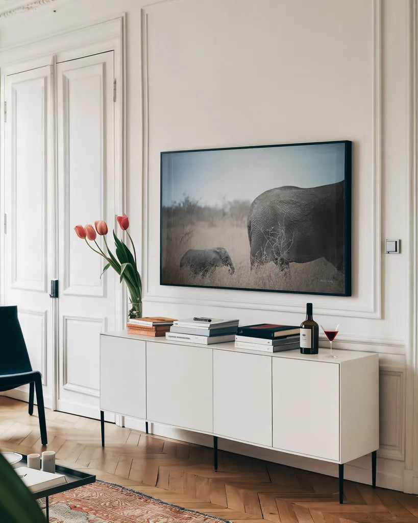 Ellie Mom and Baby by Sharon Vardy. shown as a framed stretched canvas in a living room above a console. Available as a archival giclee rolled canvas, fine art paper, or poster print. SKU 91982i.