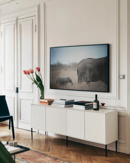 Ellie Mom and Baby by Sharon Vardy. shown as a framed stretched canvas in a living room above a console. Available as a archival giclee rolled canvas, fine art paper, or poster print. SKU 91982i.