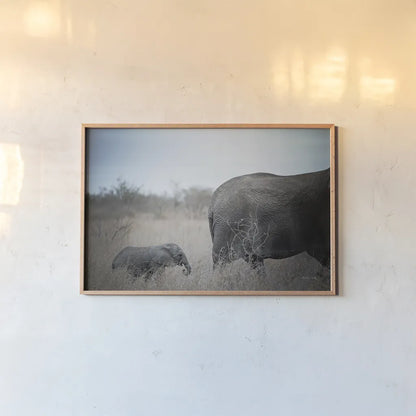 Ellie Mom and Baby by Sharon Vardy. shown as a paper print in a natural frame. Available as a archival giclee rolled canvas, fine art paper, or poster print. SKU 91982i.
