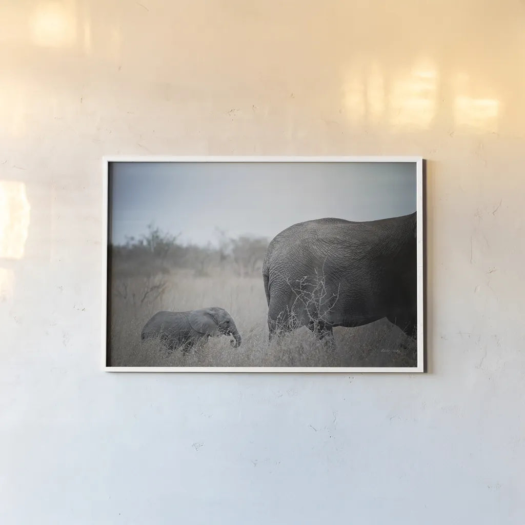 Ellie Mom and Baby by Sharon Vardy. shown as a paper print in a white frame. Available as a archival giclee rolled canvas, fine art paper, or poster print. SKU 91982i.