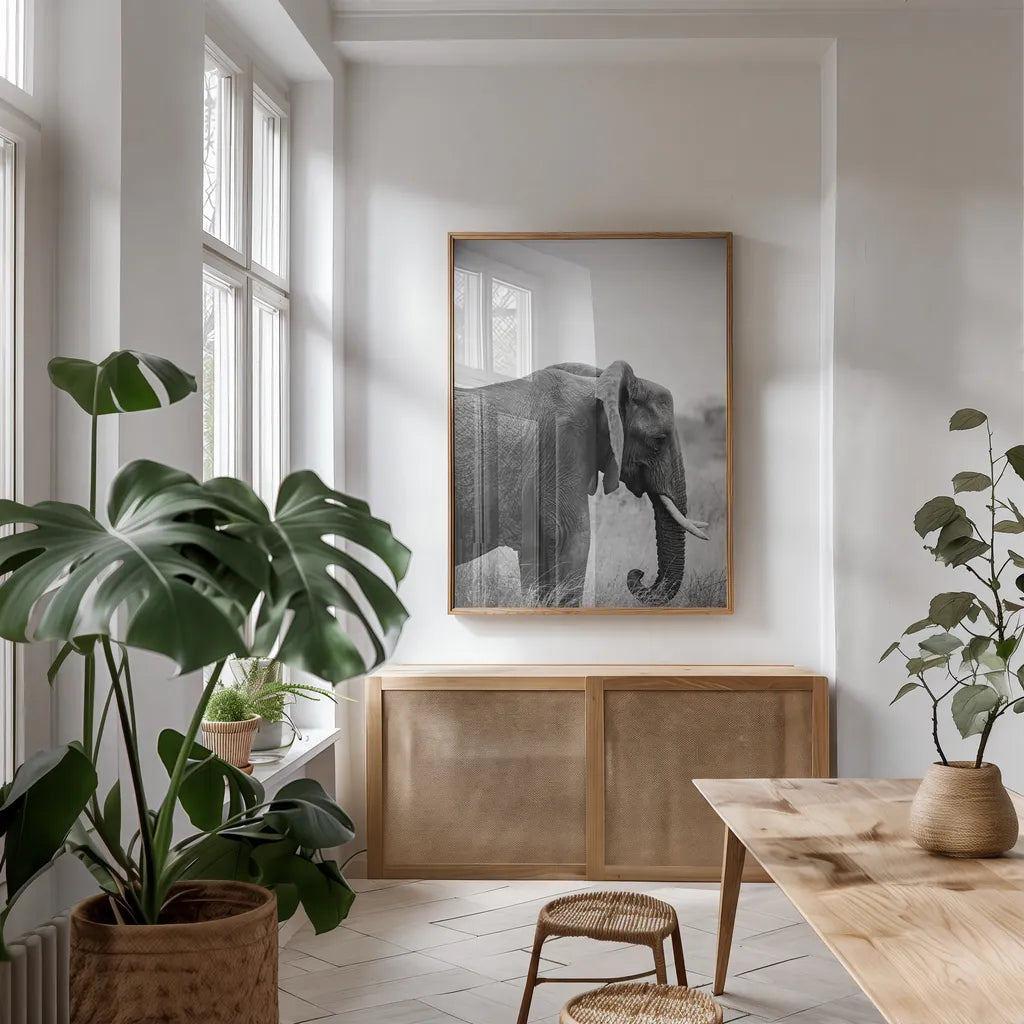 Ellie Side Profile BW by Sharon Vardy. shown as a print in a natural wood frame in a dining room. Available as a archival giclee rolled canvas, fine art paper, or poster print. SKU 92223h.