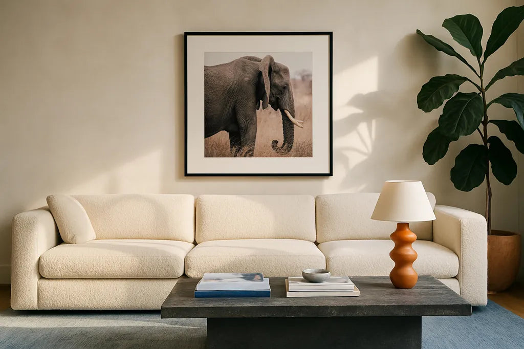 Ellie Side Profile Square by Sharon Vardy. Displayed in a glass frame with matte in a clean modern living room. Available as an archival giclee rolled canvas, fine art paper, or poster print. SKU 99933a.