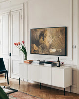 Golden Old Lion by Sharon Vardy. shown as a framed stretched canvas in a living room above a console. Available as a archival giclee rolled canvas, fine art paper, or poster print. SKU 92666i.
